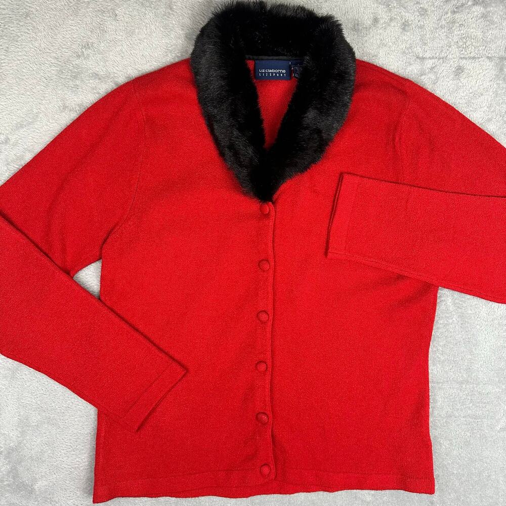 Vintage Liz Claiborne Womens L Red Faux Fur Trim Collar Cardigan Sweater Holiday
